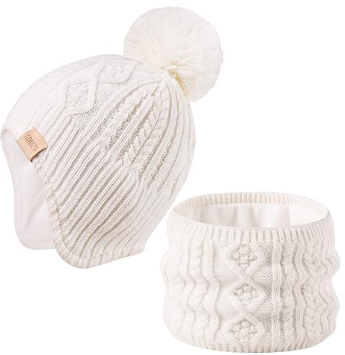 XOMZG Baby Beanie Mütze, Winter Warm Strickmütze und Schal Set mit Pom Pom für Mädchen, Kleinkind Wintermütze(0-36Monate)