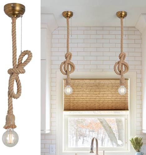 KEESFU Hemp Rope Pendant Light Rope Chandelier,Rustic Ceiling Light with Pull Chain,Vintage Boho Pendant Hanging Light Height Adjustable for Kitchen Island Hallway Bedroom Dinning Table
