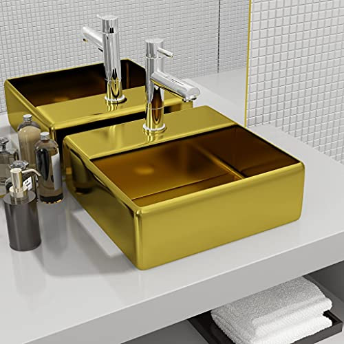 HaoChrymec Lavabo da Appoggio in Ceramica Oro, Lavandino Bagno con Foro Rubinetto, Design Moderno per Bagno o Toilette, Diametro del Foro di Drenaggio 4.5 cm, Autoportante o a Parete, 38x30x11.5 cm