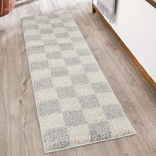 Chester Checkered Soft Shaggy Hallway Runner Rug, Grey, 60x220cm