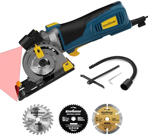 Enventor Mini Sierra Circular con Láser, 600W, 3 Hojas de Sierra(89mm) | 5500RPM, Manejo con una Sola Mano, para Madera, Azulejos, Plástico y Metal finos