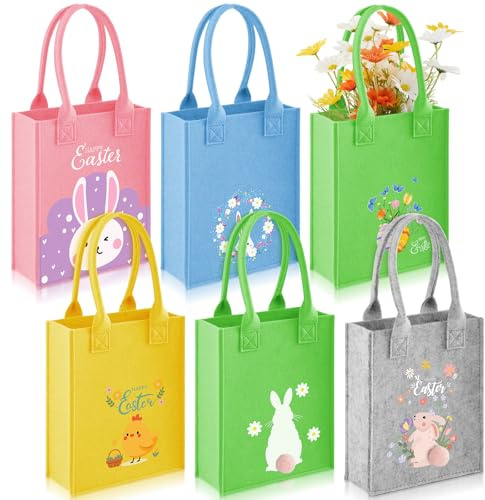 Xuniea 6 Stück Ostern Filztaschen Osternest Verpackung mit Henkel | 21 x 16 x 9 cm, Ostertasche, Osterkörbchen, Geschenktaschen für Blumen, Ostereiersuche, Partyzubehör, Frühlingsdekoration