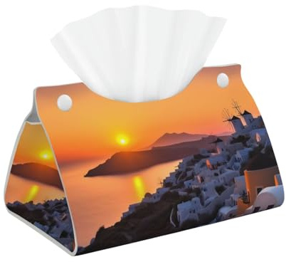 Tissue Box Cover PU Leather Tissues Box Holder Rectangle Facial Paper Organizer Greece Island Sunset Landscape Decorative Dispenser Paper Cover Case Napkin Holder for Bathroom Tabletop Car