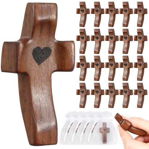 30Pcs Wooden Cross with Organza Bags Cross My Heart/ Encouragement Gift Handcrafted Walnut Pocket Cross Handheld Prayer Stress Relief Christian Faith Gifts Religious Easter Day Gifts wall Crosses