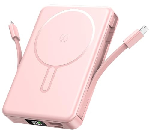PDBEST Magnetic Power Bank with Built in Cables, 10000mAh Portable Charger | Dual Built-in Cables & USB-C, LED Display, Charge Up to 5 Devices, Wireless Fast Charging for iPhone 17/16/15/14/13/12 Pink