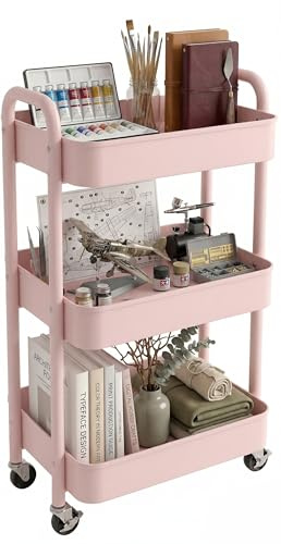 BSTHOK Storage Rolling Cart Trolley Metal Mobile Shelving Organiser with 360° Swivel Wheels for Kitchen, Bedroom, Bathroom Laundry Office Multi-Purpose Rolling Organizer Trolley Shelf (Pink 3-Tier)