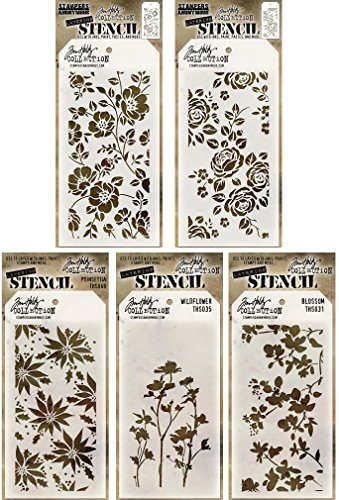 Tim Holtz - Schablonen Set 10 (Blumen) – fünf Stück – Rosen, Blumen, Blüte, Weihnachtsstern und Wildblumen