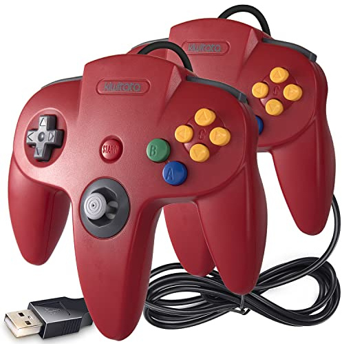 2 Stück kiwitatá Classic 64 N64 USB-Controller, N64 Bit Retro USB Wired Game Controller Gamepad für Windows PC & Mac Rot