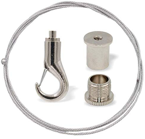 Abhängeset mit Haken für höhere Lasten | Deckenbefestiger, Schraubkappe Hakenhalter/Drahtseilhalter, Drahtseil Ø1,8mm, Länge 1500mm