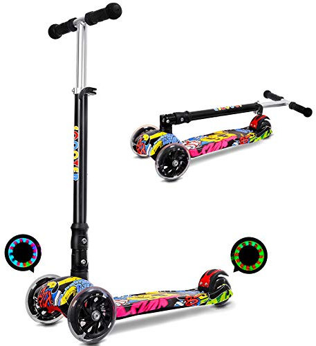 IMMEK Patinete Plegable con 3 Ruedas PU Led Luces Iluminadas para 3 a 12 Años Altura Ajustable Desde 75-83 CM Niños Juguetes y Regalos con Freno Posterior Carga Máxima 50 KG (Grafiti)