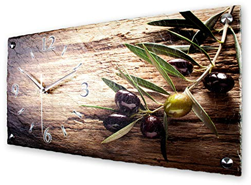 Kreative Feder Designer-Wanduhr Olive aus Stein mit Zeigern aus gebürstetem Aluminium - Designeruhr aus Stein mit flüsterleisem Uhrwerk (Oliven-Zweig, leises Funkuhrwerk)