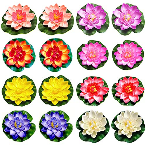 Regerly Artificial Nenúfar Flotante, 16 Pcs Plantas Flotantes Artificiales Flores Espuma de Lotus Flor para Estanque Piscinas Escenario 10 cm