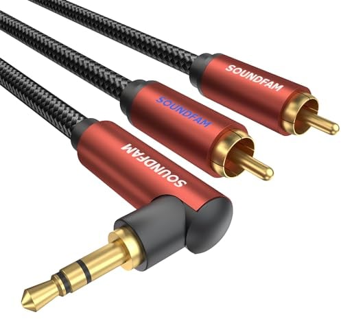 SOUNDFAM 1M Klinke auf Cinch Kabel, 90 Grad 3,5mm Klinkenstecker auf 2 x Cinch-Stecker Aux Stereo Audio Kabel für Smartphone, Lautsprecher, MP3, Tablet usw.