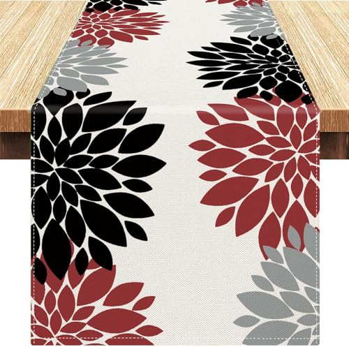 Tischläufer Modern Tischläufer Schwarz Rot Grau Herbst Geometrisch Dahlien Mode Tischmatte Dekorativer Leinen Waschbar Tischdecke Tischläufer Hochzeit für Esszimmer Party Urlaub Bankett 40 x 140 cm