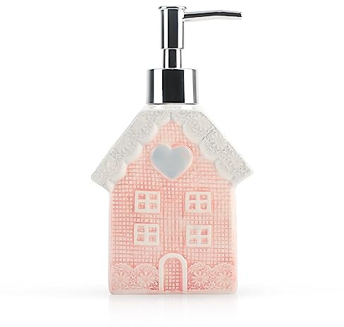 Soap Dispenser, 11.65oz Ceramic Soap Dispenser with Silver Pump, Decorative Pink House Design Liquid Dish Soap Dispenser for Bathroom, Premium Kitchen, As a Gift for Women, Girl and Children