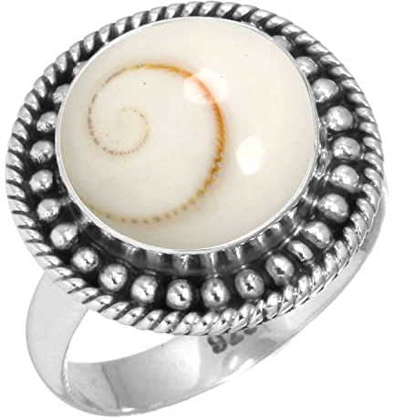 Jeweloporium Silberring mit weißem Shiva-Auge, Größe 60 (19,1), 925er Sterlingsilberring für Damen, echter klobiger runder Edelstein-Boho-Schmuck