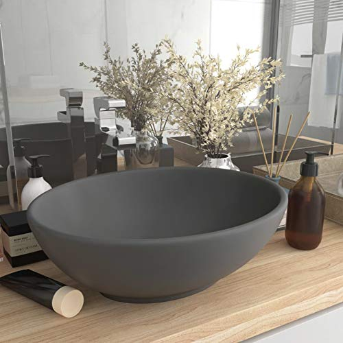 Homgoday Luxus Waschbecken mit Abflussloch Waschschale Waschtisch Waschplatz Handwaschbecken Aufsatzwaschbecken für Badezimmer und Gäste-WC Oval Matt Dunkelgrau 40x33 cm Keramik