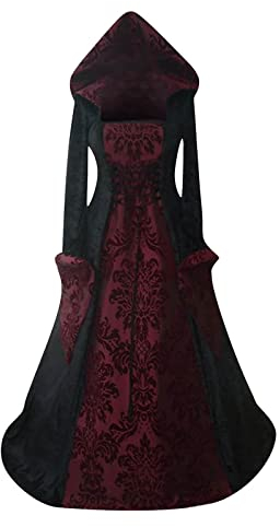 Halloween Kostüm Damen Sexy Retro Kleid Lang Königin Hexe Vampir Glockenärmel Faschingskostüme Fasching Barock Fasching Kostüme Gruselig Lustige Relaxo Mittelalter Kleid Damen Rot 3XL