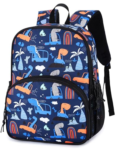 Kasgo Mochila Infantil, 9.5L Mochila Guardería Preescolar Primaria Niño Niña 3-7 Años con Correa Pecho Ajustable Reflectante para Carpeta A4, Dinosaurios Automóviles