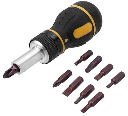 Bestgle 9 in 1 Stubby Ratcheting Screwdriver, Mini Multi-Bit Magnetic Screwdriver Tool with Torx Security, Flat Head, Phillips and 1/4 Nut Driver
