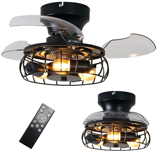 Retro Lámpara De Techo con Aspa Retráctil Bombilla De 4w Jaula Lampara Ventilador Techo Y Mando A Distancia Timer 6 Velocidades Reversible Pequeño Ventilador De Techo con Luz para Dormitorio
