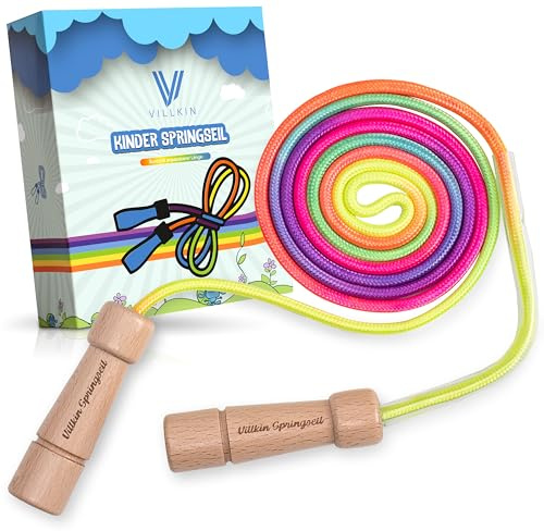 Villkin Springseil für Kinder - Premium Hüpfseil mit bunten Farben, verstellbarer Länge und Holzgriffen - Spiel & Spaß beim Seilspringen mit der Springschnur im Regenbogen-Design