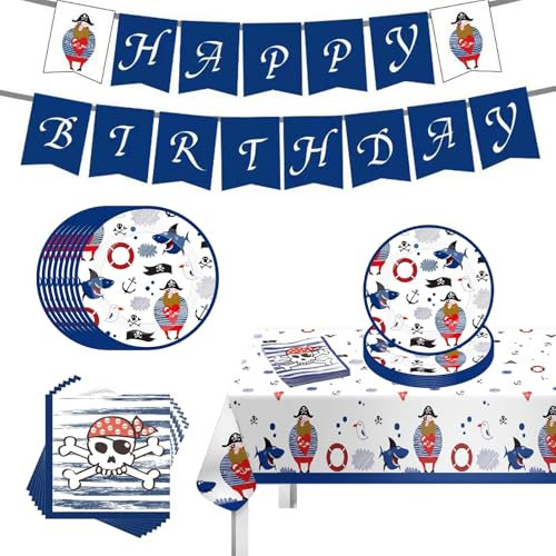 34 Pièces Vaisselle de Fête Pirate, Pirate Anniversaire Vaisselle, Pirate Party Vaisselle pour 16 Invités, avec Bannières Assiettes Serviettes Nappes, Fête D'anniversaire pour Garçons et