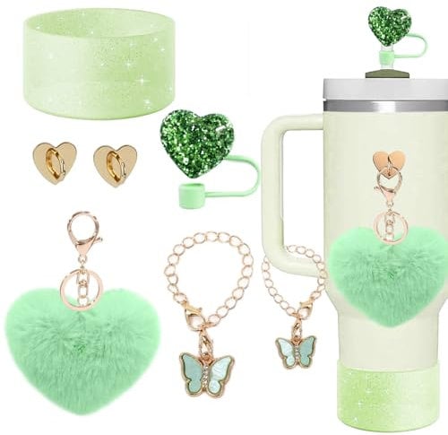 SDIDVIEXPERT Stanley Cup Accessories Set 6PCS Stanley Cup Decor Includes Silicone Boot Straw Cover caps Heart Butterfly Charm Keychain for Stanley Cup for Stanley Cup 30/40oz Tumbler(Green)
