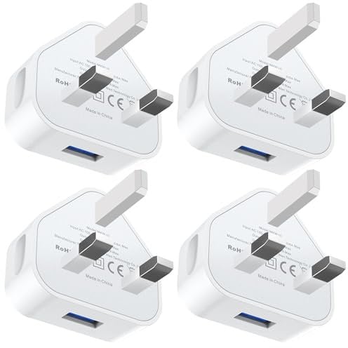 USB Adapter Plug UK 4 PACK, Phone Charger Plug for iPhone, 5V 1A/ 3 PIN USB Wall Plug Socket Charging for i Phone 14/14 Pro/14 Plus/14 Pro Max/13/12/11/XR/XS Max/SE/8/7/6/5