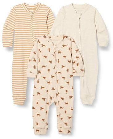 Amazon Essentials Tutina Notte Senza Piedi in Cotone con Zip Frontale Unisex Bimbi, Pacco da 3, Avena Puntinato/Righe/Tigrata, 6-9 Mesi