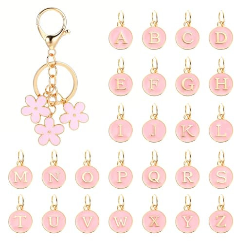 oruola Porte-clés initiale pour filles, porte-clés en forme de fleur avec 26 breloques rondes de A à Z double face, porte-clés en forme de fleur rose mignon pour sac à dos et sac à main, Rose + doré,