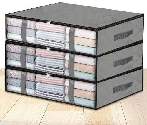 Pavlleen 3 Piezas Cajas Almacenaje Ropa, Organizador Armario, Contenedores de Almacenaje para Debajo de la Cama, para Guardar Ropa con Ventana Transparente Frontal, para Toallas, Ropa, Mantas
