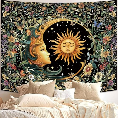 Atrippy Hippie Boho Sonne und Mond Wandteppich für Schlafzimmer, ästhetisch, böhmische grüne Pflanze, Blumen-Mandala-Wanddekoration, Wandteppich, Vintage-Blume, mystischer Wandbehang für Wohnzimmer