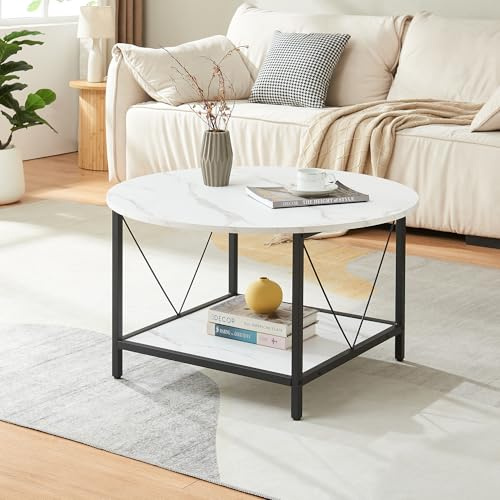 [en.casa] Table Basse de Salon Ronde Table d'Appoint Bout de Canapé avec Étagère Inférieure Design Scandinave Style Intemporel Stable Panneau de Particules Métal 80 x 46 cm Effet Marbre Blanc