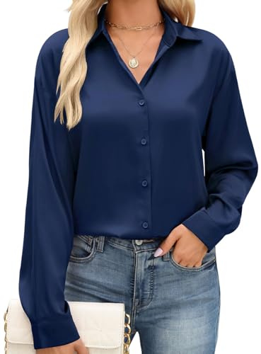 PASUDA Damblus, eleganta långärmade blusar, V-ringad button-down toppar, casual blusskjorta satin sidenblus, skjortblus, revers långärmad skjorta, ledig skjorta, toppar, affärstunika, skjortor
