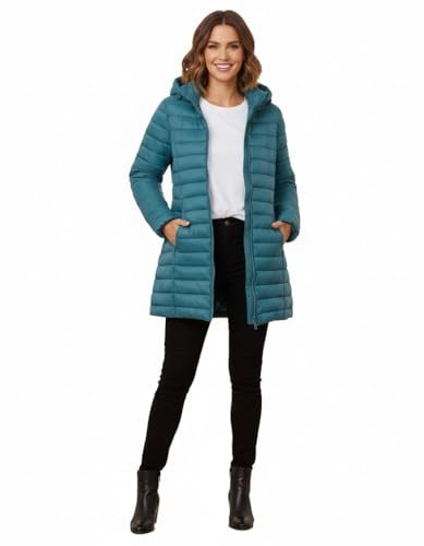 kraftd Womens Winter Lightweight Puffer Jacket Quilted Padded Down Coat With Detachable Hood Central Zip Best for Autumn Winter, Outdoors & Travelling (Teal, 16)