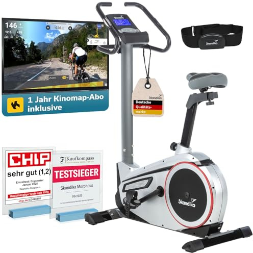 Skandika Ergometer Morpheus | Heimtrainer für Zuhause, 12 kg Schwungmassensystem, 32 Levels, 24 Programme, App Kompatibel mit Kinomap, Pulsgurt, Tablethalterung | Indoor Fahrrad bis 150 kg