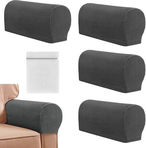 AWAVM 4 Pcs Armrest Chair Covers With Laundry Bag,Stretch Sofa Arm Covers,Non Slip Armchair Covers for Arms,for Chairs Furniture Protector Armchairs Sofa Couch Recliner (Deep Grey)