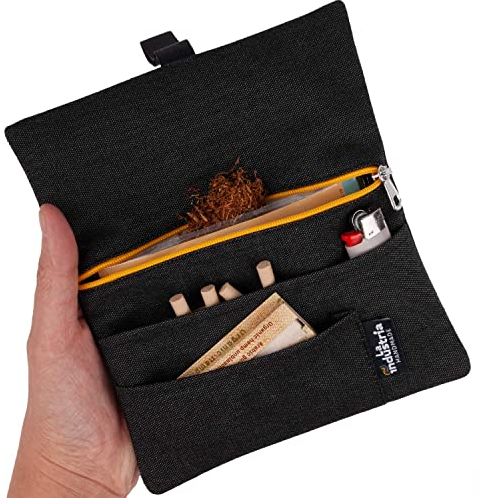 Blague à tabac à rouler hydrofuge - Pochette à tabac 30/50 g avec compartiments pour Feuilles, Filtres et Briquet (Fermeture jaune)
