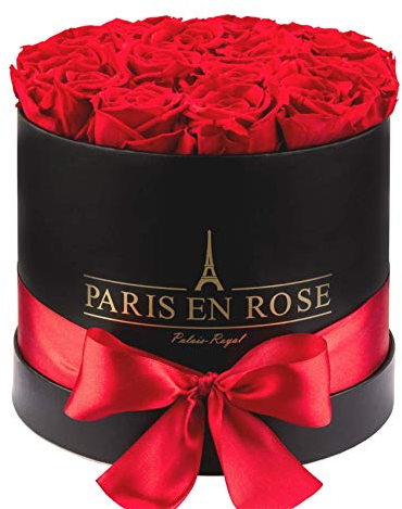 PARIS EN ROSE Rosenbox | mit 14 roten Infinity Rosen Größe XL | konservierte ewige Rose | schwarze Box mit Schleife | 3 Jahre haltbar | Grußkarte