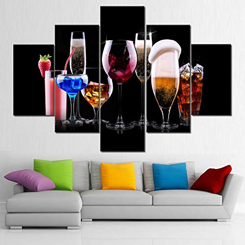 Wine Glasses / Cup Paintings for Living Room Colorful Cocktail Pictures Juice Wall Art Multi Panel Prints Canvas Artwork Giclee Kitchen Modern House Decor Stretched Framed Ready to Hang (60''Wx 40''H)