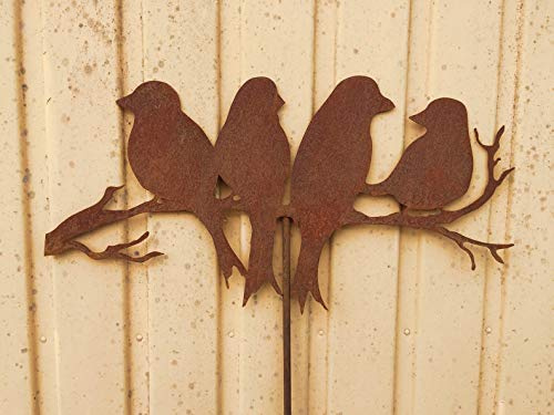 4 Vögel auf Zweig 50x26cm + Stab Gartenstecker Edelrost Vogel
