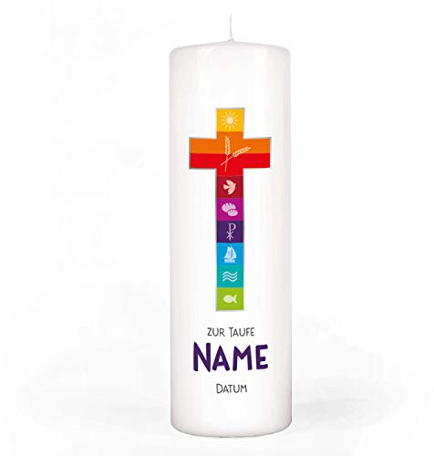 Striefchen® Taufkerze mit buntem Kreuz, Namen u. Taufdatum sowie eigenen Taufspruch 8 x 25 cm