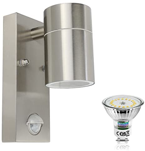 Allesgute Außenlampe mit Bewegungsmelder LED IP44 Modern Außenleuchte Edelstahl Gebürstet Außen Wandlampe für Garten Balkon Inkl. 5W 500LM GU10 Leuchtmittel Warmweiß