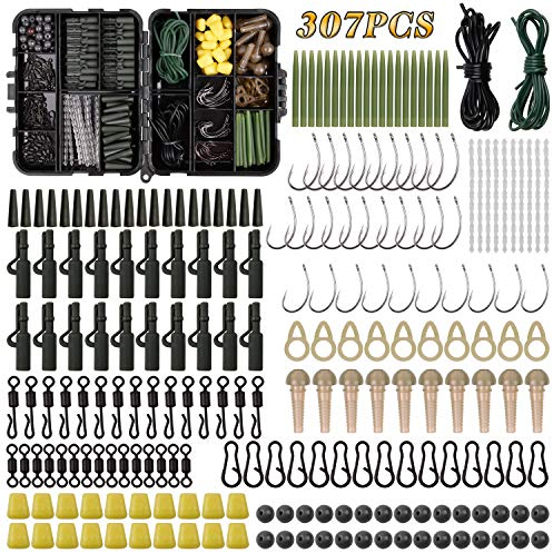 Shaddock 307stk Angelhaken Kit, Angelzubehör Set inkl. Karpfen Haken, Sicherheits-Führungsclips und -röhren, Zuckermais, Schläuchen, Karpfenwirbel Perlen-Ärmeln Boilie-Stopps mit Angelbox