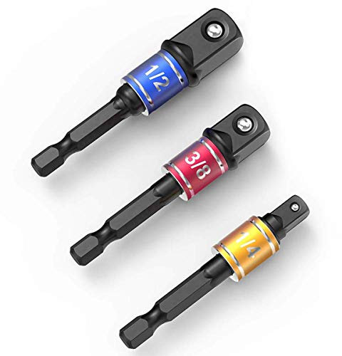 Impact Grade Socket Wrench Adapter Extension Set Turns Power Drill Into High Speed Nut Driver,1/4-Inch Hex Shank to Drive for Adapters to Use with Drill Chucks,Sizes 1/4 3/8 1/2,Cr-V,Black,3-Piece