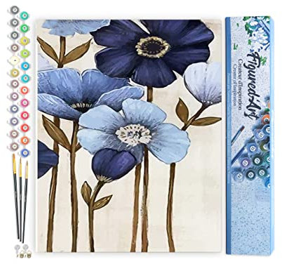 Figured'Art Peinture par Numéro Adulte Fleurs bleues - Activité Manuelle Kit de Loisir Créatif DIY Numéro d'Art Complet - 40x50cm sans châssis en bois