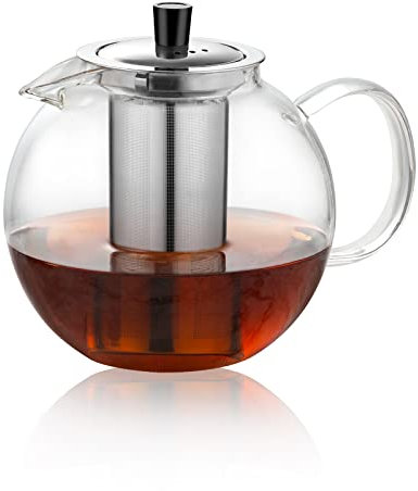 1500m Glass Teapot with Removable Stainless Infuser(52oz), Ehugos Stovetop Safe Large Tea Pot, Hand Crafted Kettle for Women and Adult, for Loose Leaf Tea, Hot and Iced Water, Juice Beverage, White