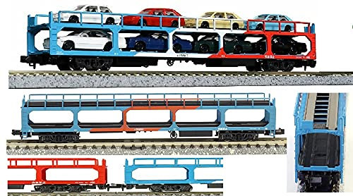 KATO 1603 CARRO MERCI BISARCA TRICOLOR a 2 PIANI per TRASPORTO AUTO 2 PIANI con 8 AUTO MODERNE MISTE SCALA-N 1:160