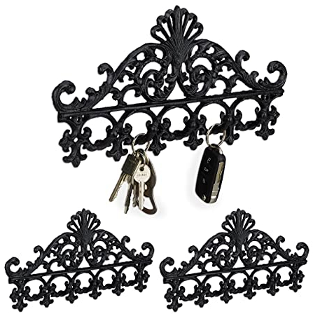Relaxdays 3 x Garderobenleiste Gusseisen, 5 Haken, antike Hakenleiste, für Schlüssel, nostalgisch, HBT: 17 x 35 x 3,5 cm, schwarz
